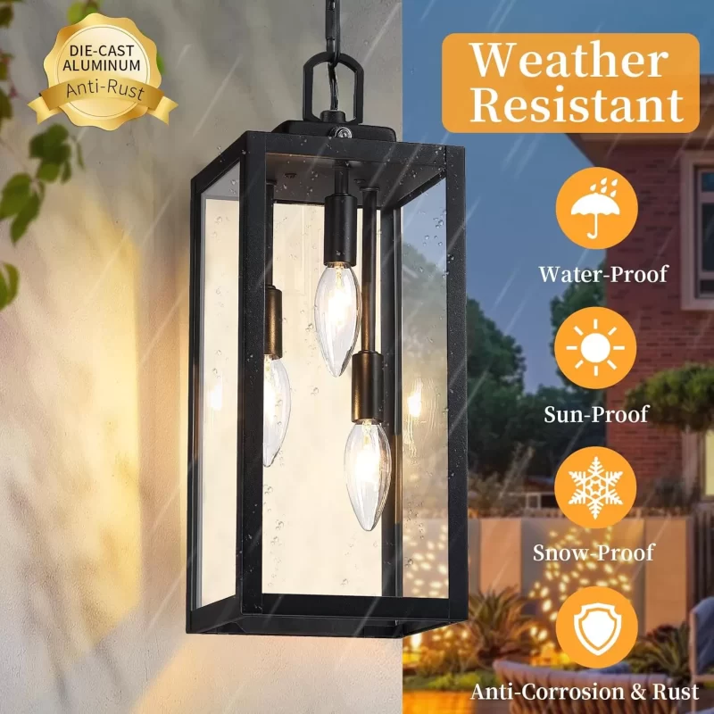 D06127PP Large Dusk to Dawn Outdoor Pendant Light for Porch 1 Pack, 15.8'' Modern Outdoor Chandelier for Gazebo with Clear Glass, Black Outside Hanging Lighting Fixture for Front Foyer Entryway - Image 3
