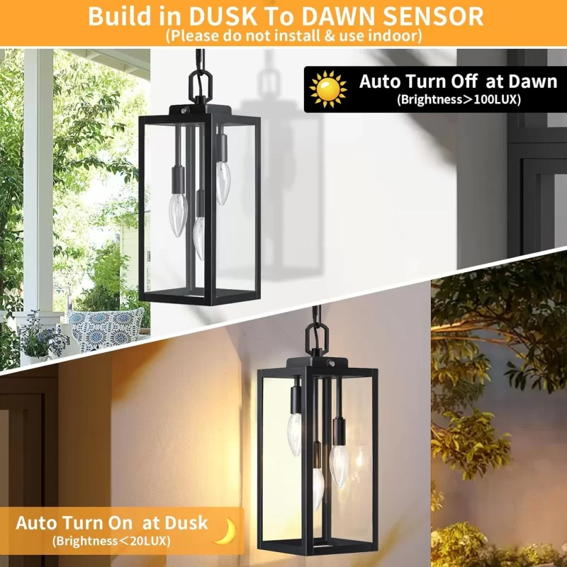 D06127PP Large Dusk to Dawn Outdoor Pendant Light for Porch 1 Pack, 15.8'' Modern Outdoor Chandelier for Gazebo with Clear Glass, Black Outside Hanging Lighting Fixture for Front Foyer Entryway - Image 5