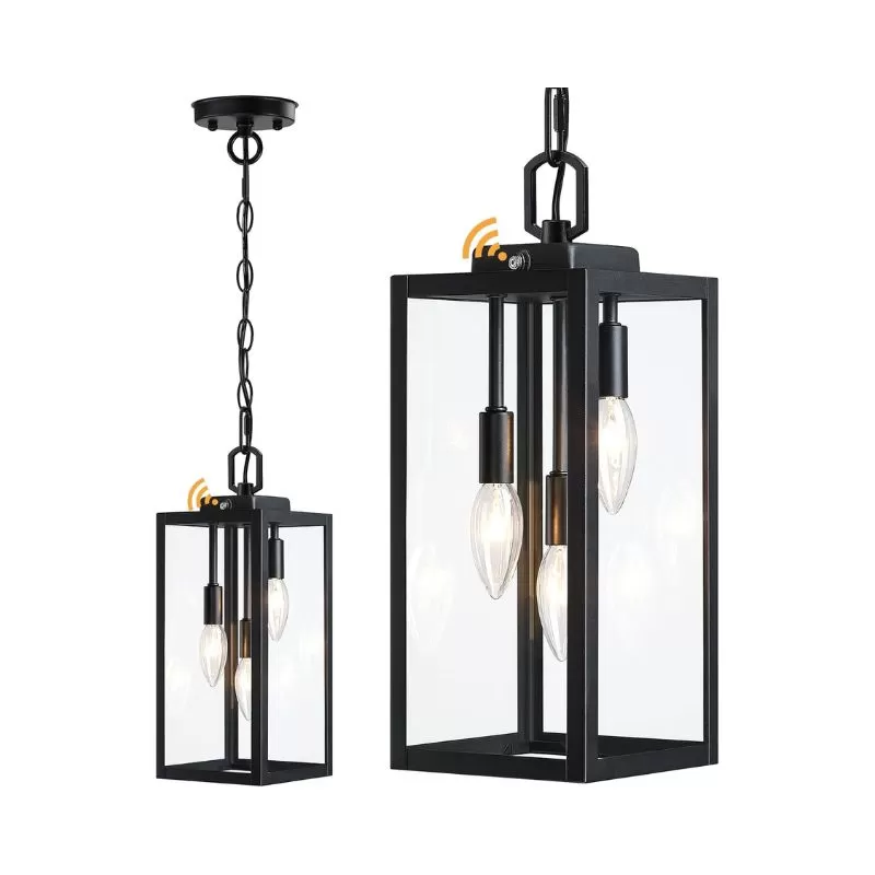 D06127PP Large Dusk to Dawn Outdoor Pendant Light for Porch 1 Pack, 15.8'' Modern Outdoor Chandelier for Gazebo with Clear Glass, Black Outside Hanging Lighting Fixture for Front Foyer Entryway