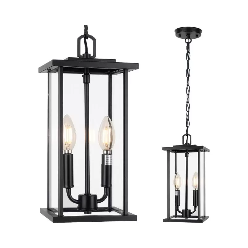 D07056P Large 16" Outdoor Pendant Lantern, 2-Light Black Modern Exterior Hanging Light Fixture, Adjustable Chain,Waterproof Outdoor Chandelier for Porch Entryway Balcony, 1-Pack