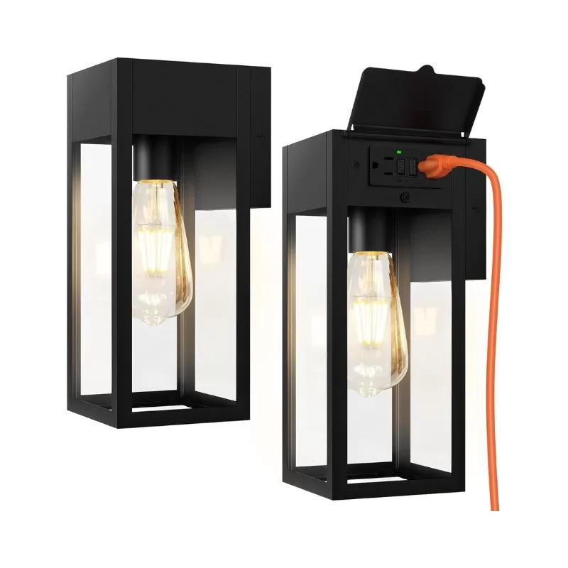 B05053GP/B05053P 2 Pack Porch Lights Outdoor Wall Sconce, Outdoor Light with GFCI Outlet, Waterproof Exterior Wall Lantern Light Fixtures, Anti-Rust Wall Lamp with Clear Glass for Patio Doorway Garage