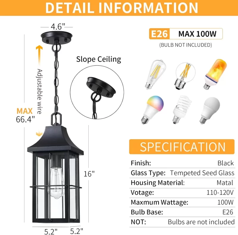 D06129P Large Outdoor Pendant Light 1 Pack, 16'' Modern Exterior Hanging Light Fixture with Clear Glass, Farmhouse Black Metal Outside Chandelier for Patio Front Porch Foyer Entryway, E26 Socket - Image 2