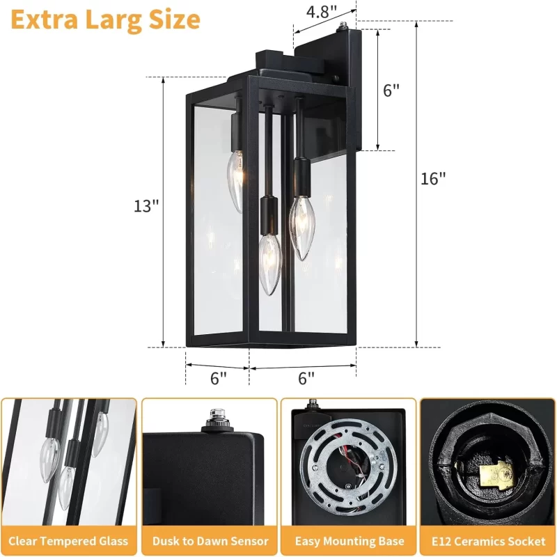 B06127PP Extra Large Dusk to Dawn Outdoor Wall Light 3-Light, 16'' Modern Exterior Lighting Fixtures Waterproof Front Porch Light Wall Mounted Lighting, Black Wall Sconces for Patio Entryway Garage - Image 7