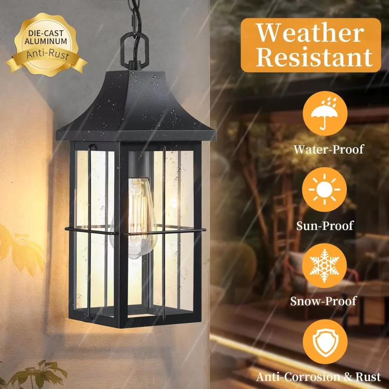 D06129P Large Outdoor Pendant Light 1 Pack, 16'' Modern Exterior Hanging Light Fixture with Clear Glass, Farmhouse Black Metal Outside Chandelier for Patio Front Porch Foyer Entryway, E26 Socket - Image 3