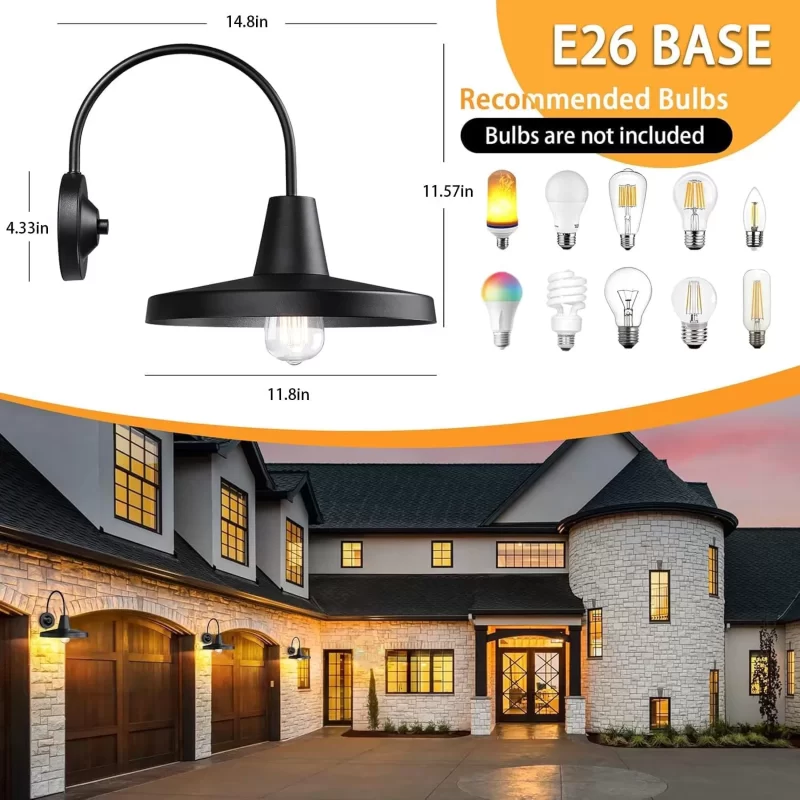 B11012P Outdoor Gooseneck Barn Lights 2-Pack, 11.75" Farmhouse Exterior Lighting Fixtures Wall Sconce E26 Socket, Anti-Rust Waterproof Black Outdoor Wall Lantern for Patio Front Porch Doorway Garage - Image 2