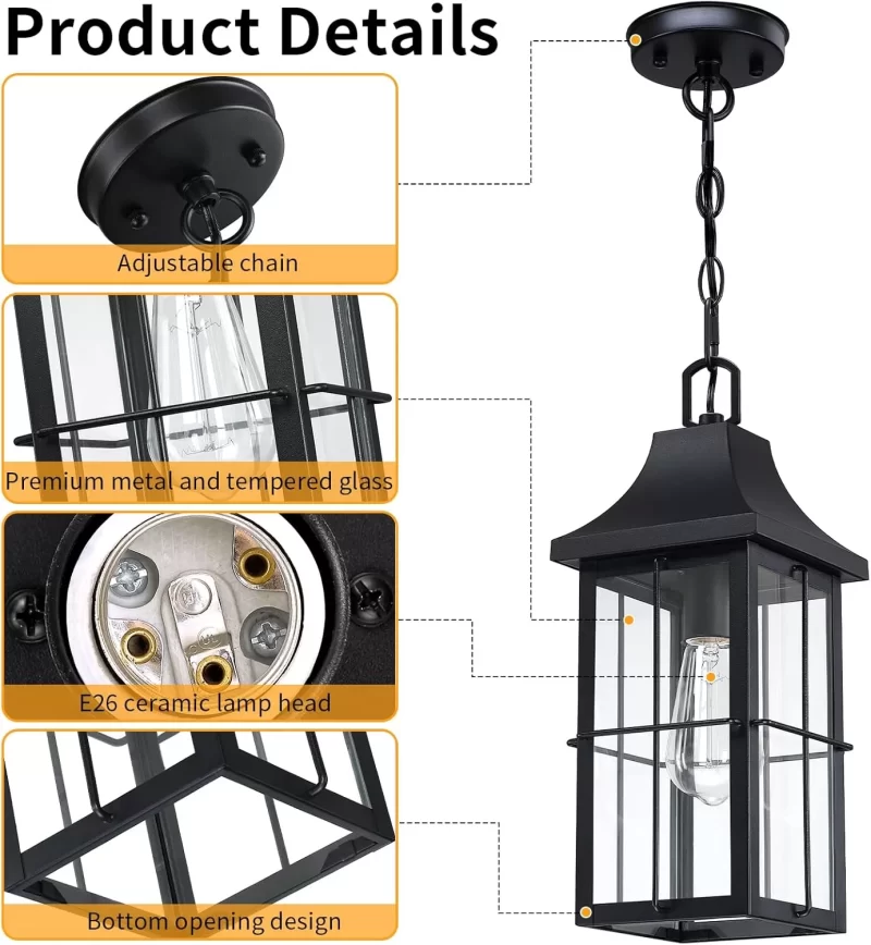 D06129P Large Outdoor Pendant Light 1 Pack, 16'' Modern Exterior Hanging Light Fixture with Clear Glass, Farmhouse Black Metal Outside Chandelier for Patio Front Porch Foyer Entryway, E26 Socket - Image 7