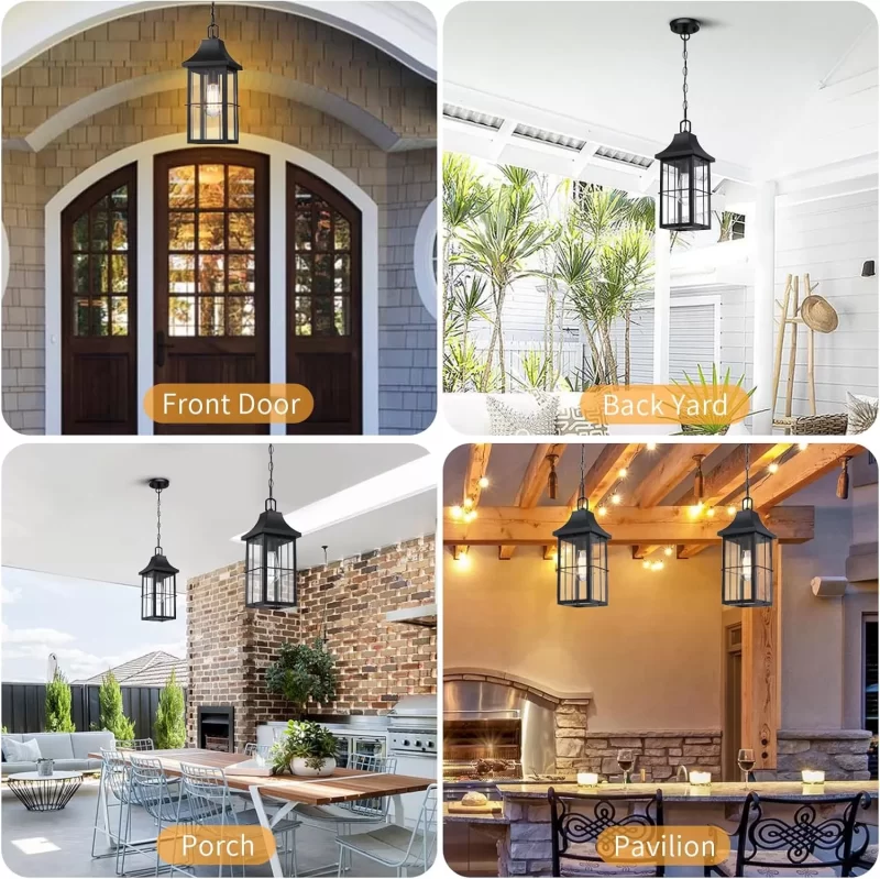 D06129P Large Outdoor Pendant Light 1 Pack, 16'' Modern Exterior Hanging Light Fixture with Clear Glass, Farmhouse Black Metal Outside Chandelier for Patio Front Porch Foyer Entryway, E26 Socket - Image 4