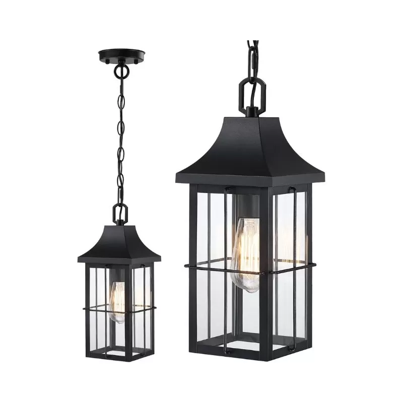 D06129P Large Outdoor Pendant Light 1 Pack, 16'' Modern Exterior Hanging Light Fixture with Clear Glass, Farmhouse Black Metal Outside Chandelier for Patio Front Porch Foyer Entryway, E26 Socket