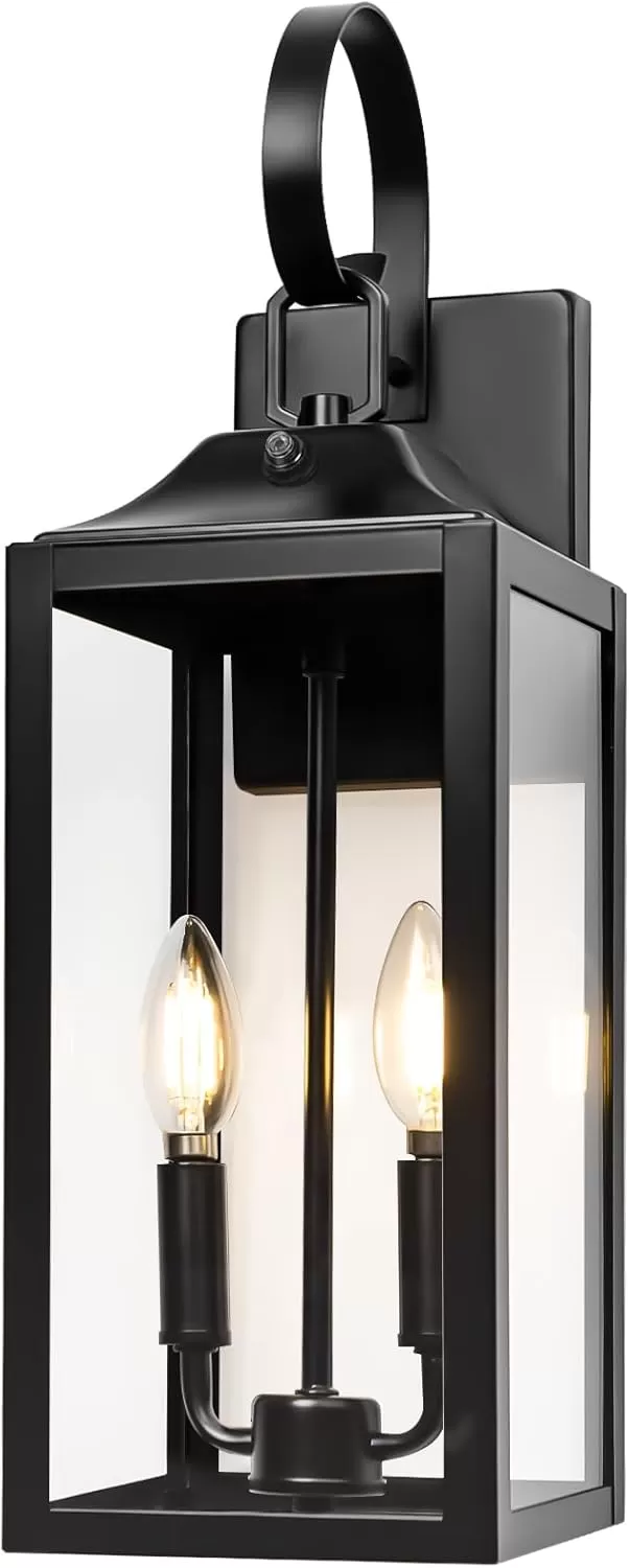 B06094BPP Dusk to Dawn Outdoor Wall Lantern 2-Light, 19" Large Outside Modern Wall Sconce Light Fixture, Industrial Porch Light Wall Mount with Glass, Waterproof Farmhouse Exterior Lamp Lighting