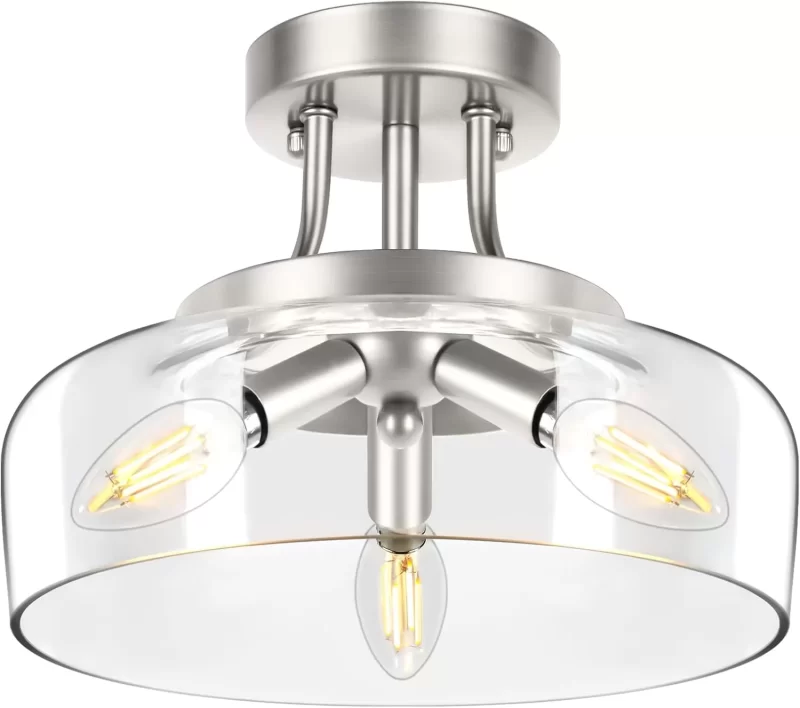 X11009P Modern Industrial Semi Flush Mount Ceiling Light with Clear Glass Shade, 3-Bulb Black Ceiling Light Fixture for Kitchen Bedroom Living Room Porch Hallway Entryway, E12 Socket, Bulbs Not Included - Image 3