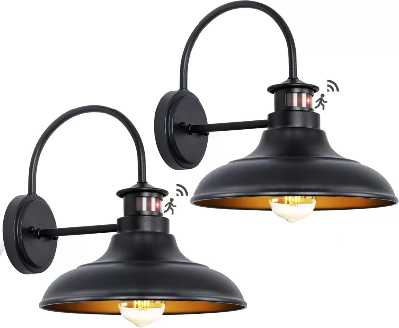 B12001APG  Motion Sensor Outdoor Barn Lights - Dusk to Dawn Farmhouse Gooseneck Barn Light, 12in Large Black Porch Light Fixture Wall Mount, Exterior Wall Lighting Fixture for Garage Patio Doorway