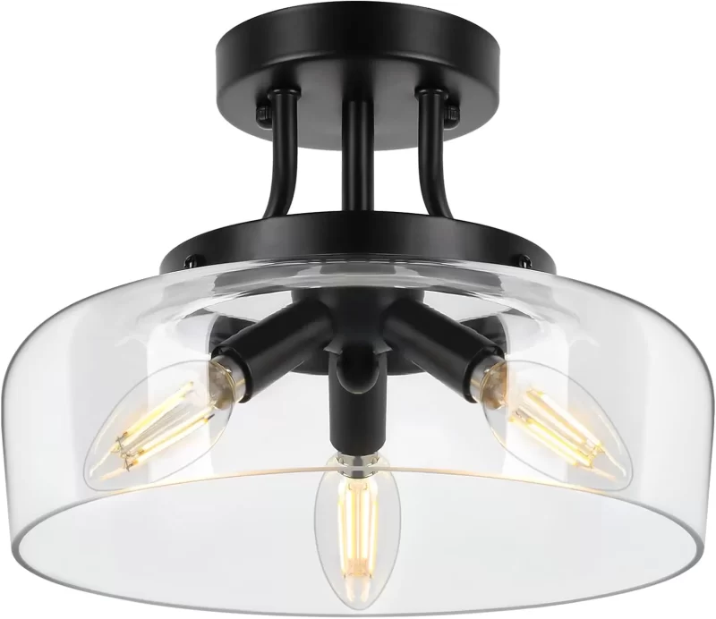 X11009P Modern Industrial Semi Flush Mount Ceiling Light with Clear Glass Shade, 3-Bulb Black Ceiling Light Fixture for Kitchen Bedroom Living Room Porch Hallway Entryway, E12 Socket, Bulbs Not Included