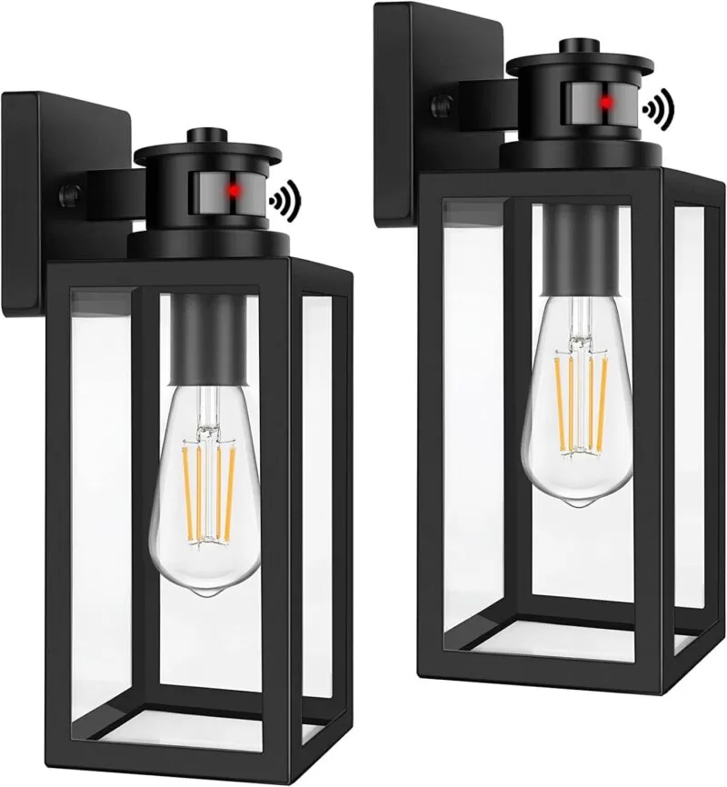 B05023DPG 2-Pack Motion Sensor Outdoor Lights, Upgrade Dusk to Dawn Wall Mount Light Fixtures, Motion Sensor Wall Lights for Outside House Porch Garage, Exterior Black Wall Lanterns Sconce with Clear Glass