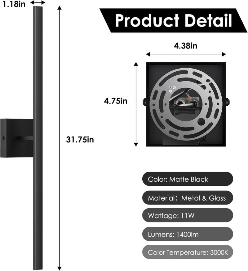 B04047L BesLowe 2-Pack 31.75inch Long Outdoor Wall Lights, Modern LED Exterior Lighting Fixtures Wall Mount, Waterproof Porch Lights Outdoor Wall Sconces, Black Outside Lights for House Front Door Garage - Image 7