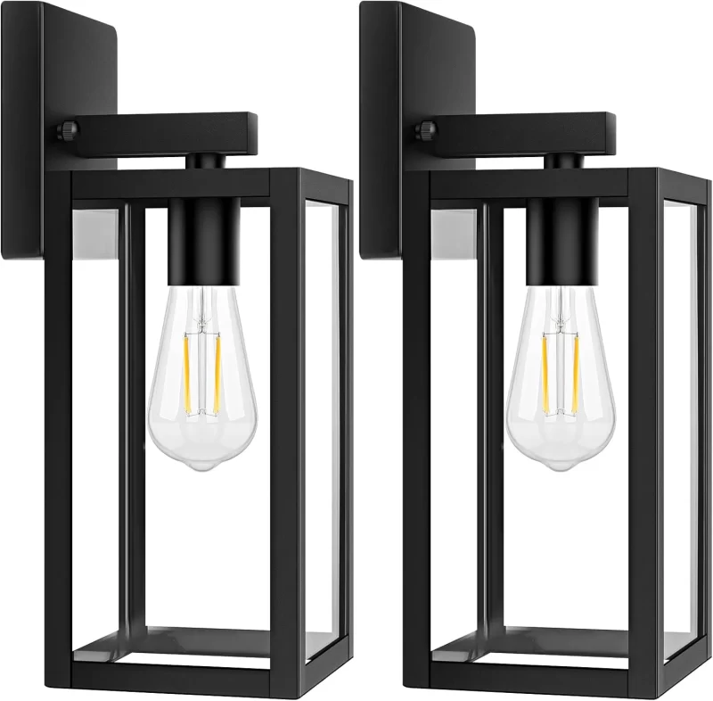 B04018P 2-Pack Outdoor Light Fixtures Wall Mount, Waterproof Exterior Wall Lanterns with Clear Glass, Anti-Rust Outside Black Wall Sconces, Front Porch Lights for House Garage Doorway, Bulbs Not Included