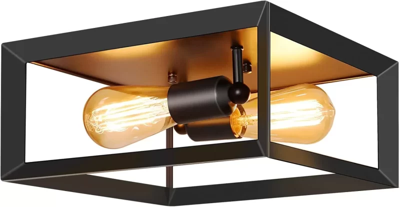 X12015P 2-Light Flush Mount Ceiling Light Fixture, Industrial Black Metal Ceiling Light, Farmhouse Vintage Close to Ceiling Lights for Kitchen Bedroom Foyer Hallway Stairway Entryway, E26 Base