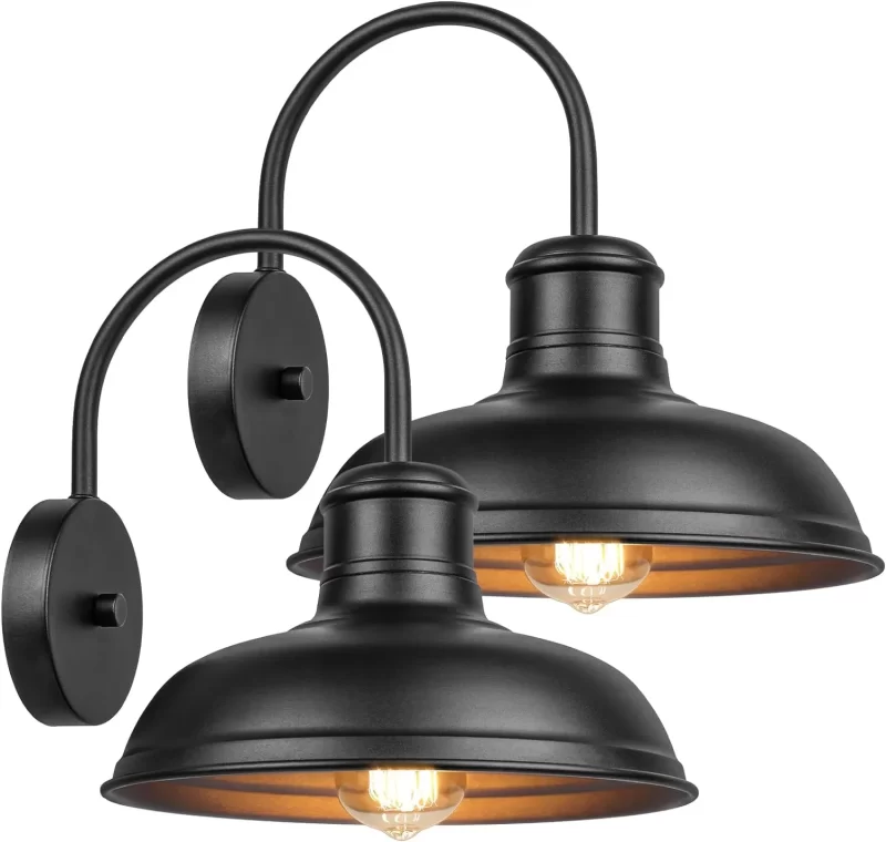B10015P 2-Pack Matte Black Outdoor Wall Lights, Modern Farmhouse Porch Wall Light Fixtures Wall Mount, Industrial Gooseneck Wall Sconce, Exterior E26 Barn Lights for Garage Frontdoor Entryway Bathroom Doorway