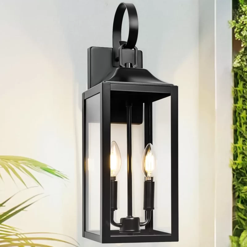 B06094BP Outdoor Wall Lantern 2-Light, Large Outside Modern Wall Sconce Light Fixture, Industrial Porch Light Wall Mount with Glass, Waterproof Farmhouse Exterior Lamp