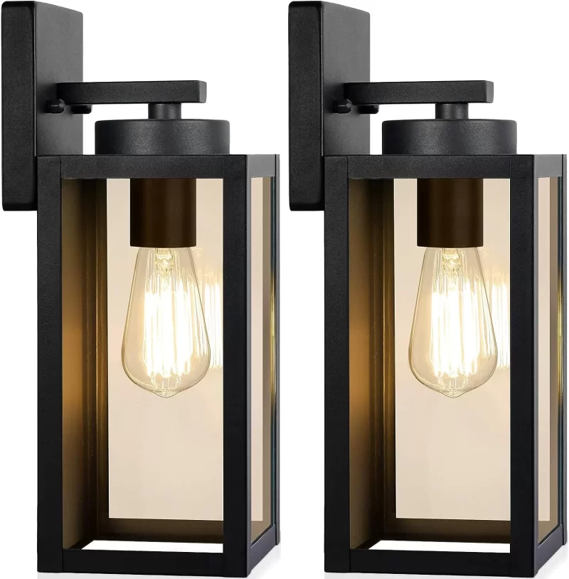 B04013P Outdoor Wall Light Fixtures, Exterior Waterproof Lanterns, Porch Sconces Wall Mounted Lighting with E26 Sockets & Glass Shades, Modern Matte Black Wall Lamps for Patio Front Door Entryway, 2-Pack