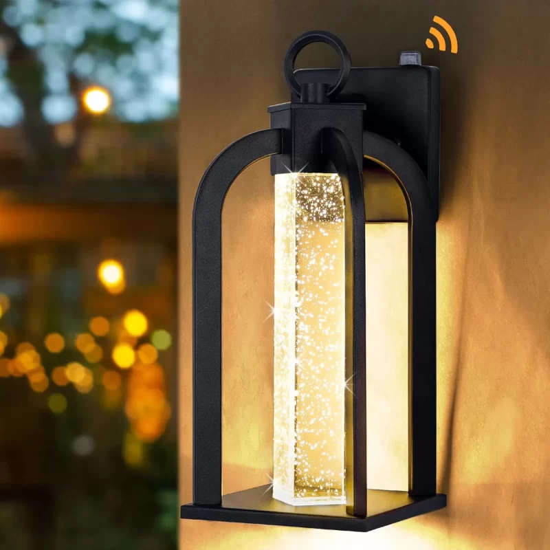 B05044LP Dusk to Dawn LED Outdoor Wall Light, 14" Large Modern Porch Light with Crystal Bubble Glass, 13W 3000K Exterior Light Fixture, Black Outdoor Wall Lantern, Outside Lighting for House