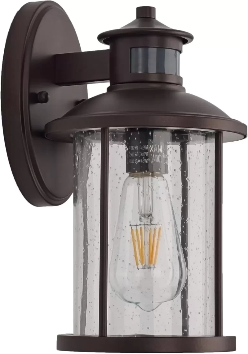 B06106PG 11.5 Inch Motion Sensor Exterior Wall Light Fixture, Dusk to Dawn Outdoor Wall Sconce with Clear Seedy Glass, Oil Rubbed Bronze Outside Light for House, Front Porch, Garage, Walkway