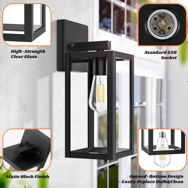 B04018P 2-Pack Outdoor Light Fixtures Wall Mount, Waterproof Exterior Wall Lanterns with Clear Glass, Anti-Rust Outside Black Wall Sconces, Front Porch Lights for House Garage Doorway, Bulbs Not Included - Image 2