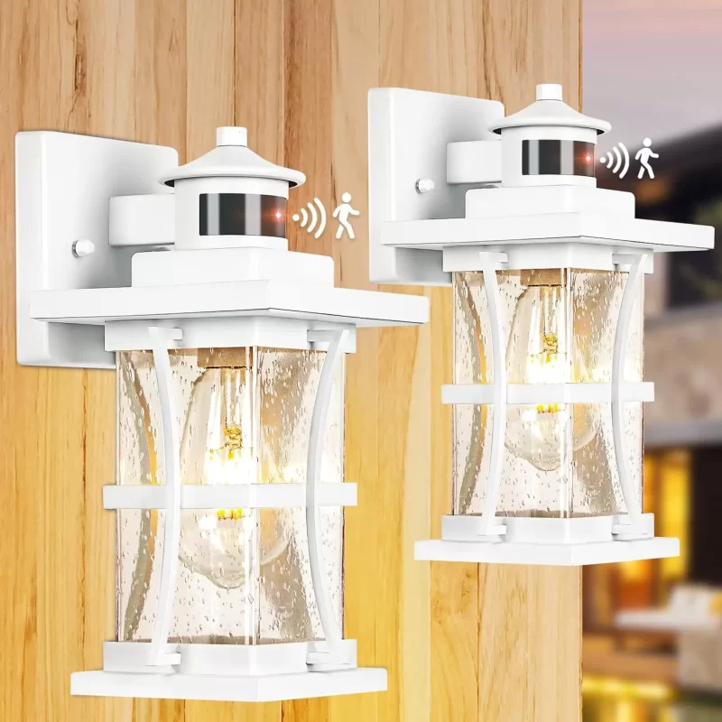 B06060CPG 2 Packs White Motion Sensor Outdoor Lights - Advanced Dusk to Dawn Outdoor Lighting, Waterproof Exterior Light Wall Mount Fixtures, Anti-Rust Porch Outside Lights Wall Sconce for House, Garage, Square