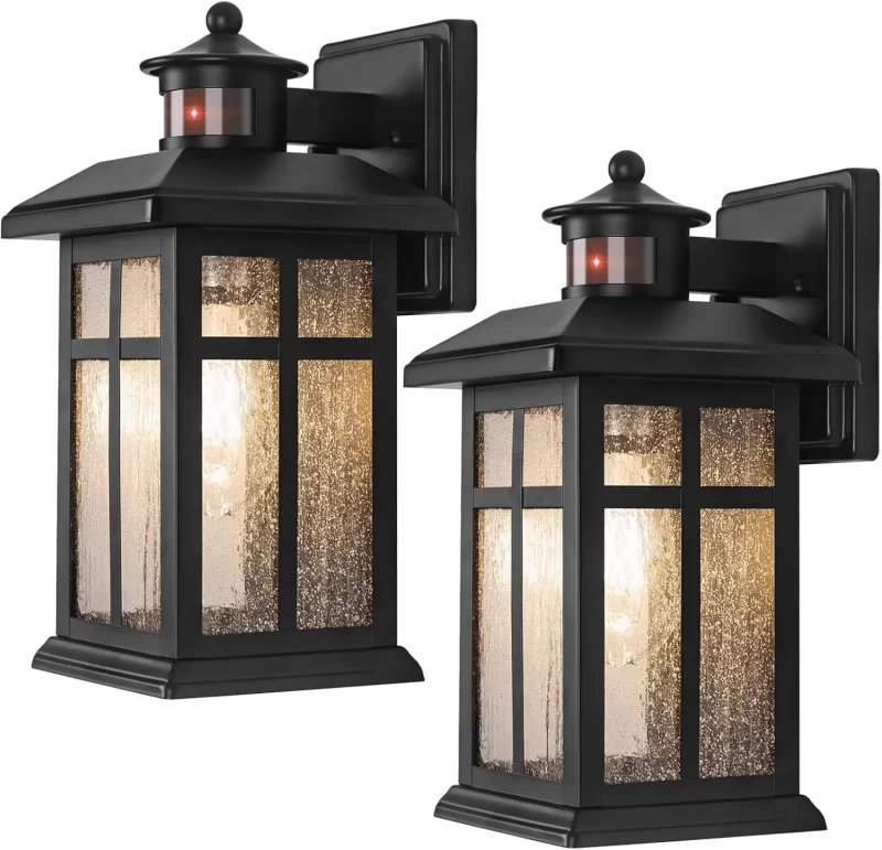 B06098PG Motion Sensor Outdoor Wall Lights  Updated Dusk to Dawn Outdoor Lighting, Exterior Light Fixtures with E26 Sockets & Tempered Glass, Wall Mounted Black Waterproof Outdoor Lights for House