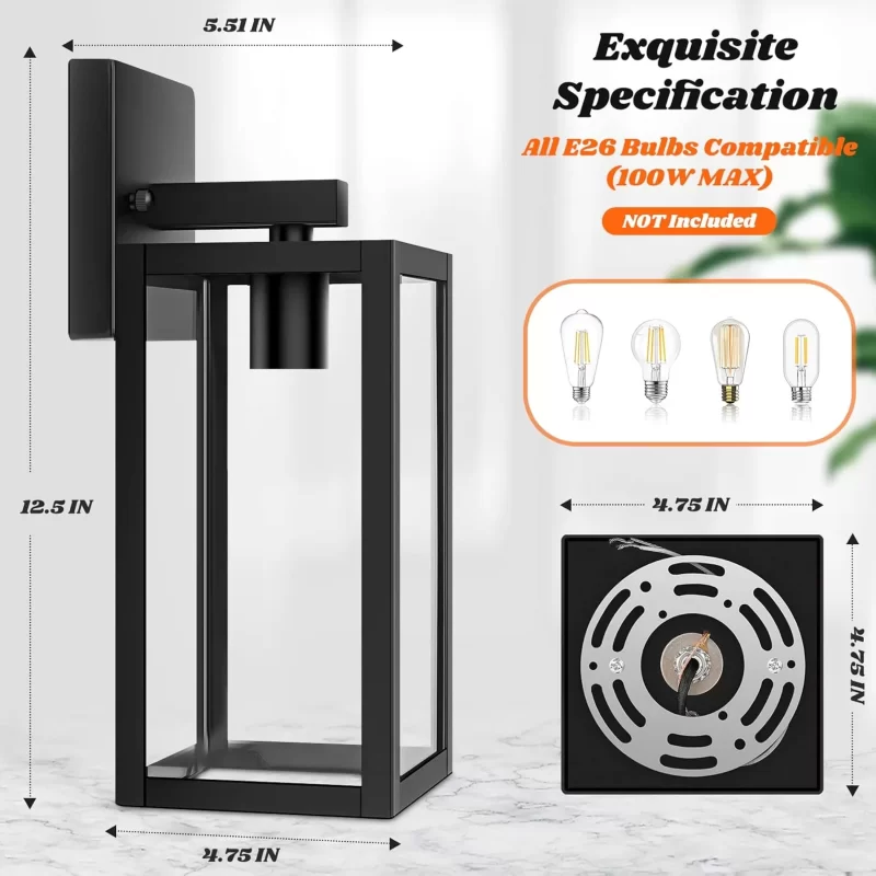 B04018P 2-Pack Outdoor Light Fixtures Wall Mount, Waterproof Exterior Wall Lanterns with Clear Glass, Anti-Rust Outside Black Wall Sconces, Front Porch Lights for House Garage Doorway, Bulbs Not Included - Image 3