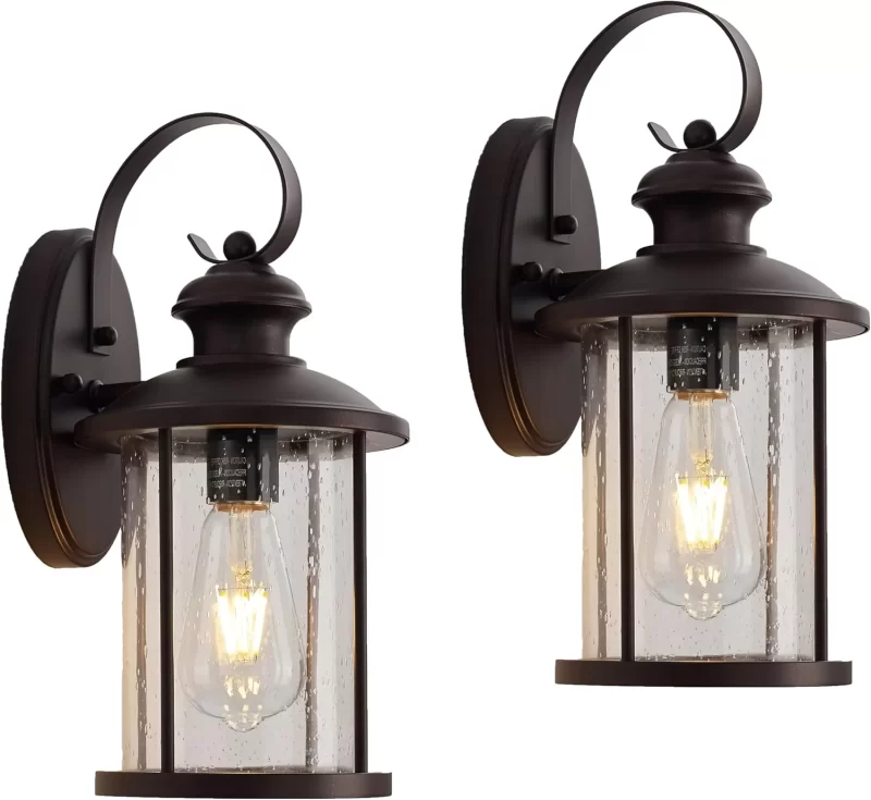 B06106P Outdoor Wall Lantern Lights, 13.75 Inch Outside Porch Light Fixture with Clear Seedy Glass, Oil Rubbed Bronze Exterior Wall Lights for House, Front Door, Entryway, Pathway