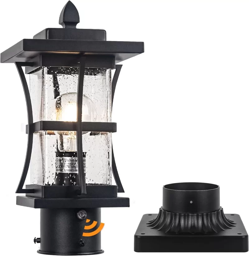 Z06060CPP Dusk to Dawn Outdoor Post Light Fixture with Pier Mount Base - Black Outdoor Pole Lighting, Waterproof Pillar Lantern, Modern Outside Column with Seeded Glass for Pathway, Garden, Patio, Anti-Rust
