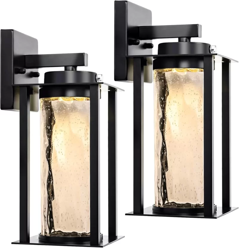 B05038LP LED Dusk to Dawn Outdoor Light Fixtures - 2 Packs Modern Porch Lighting with Attractive Glass, 13W 3000K LED Exterior Sconce Wall Mount with Photocell Sensor for House Front Garage Door, Waterproof