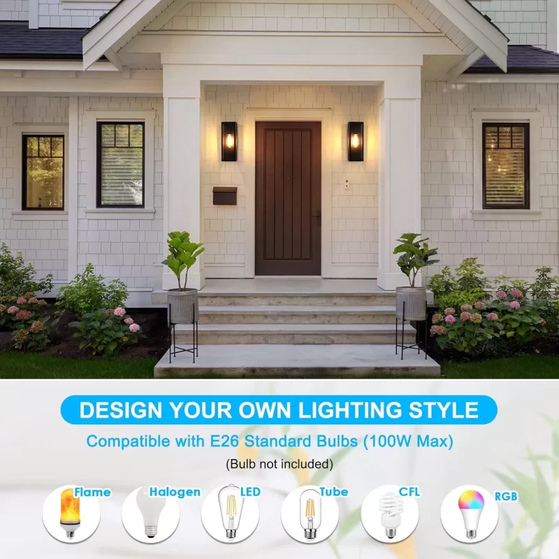 B04017P 2-Pack Outdoor Wall Lanterns, Exterior Waterproof Wall Sconce with Glass Shades, Matte Black Porch Lights Wall Mounted, Anti-Rust E26 Modern Wall Lighting Fixtures for Patio Garage Entryway Front Door - Image 4