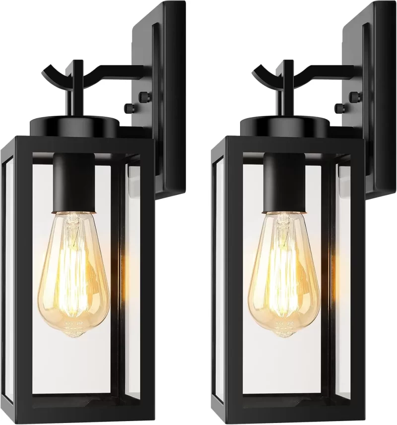 B04005PA Outdoor Wall Light Fixtures, Exterior Waterproof Anti-Rust Wall Lanterns with Glass Shades, Matte Black Porch Sconces Wall Mounted Lighting, E26 Modern Wall Sconces for Patio Front Door Garage