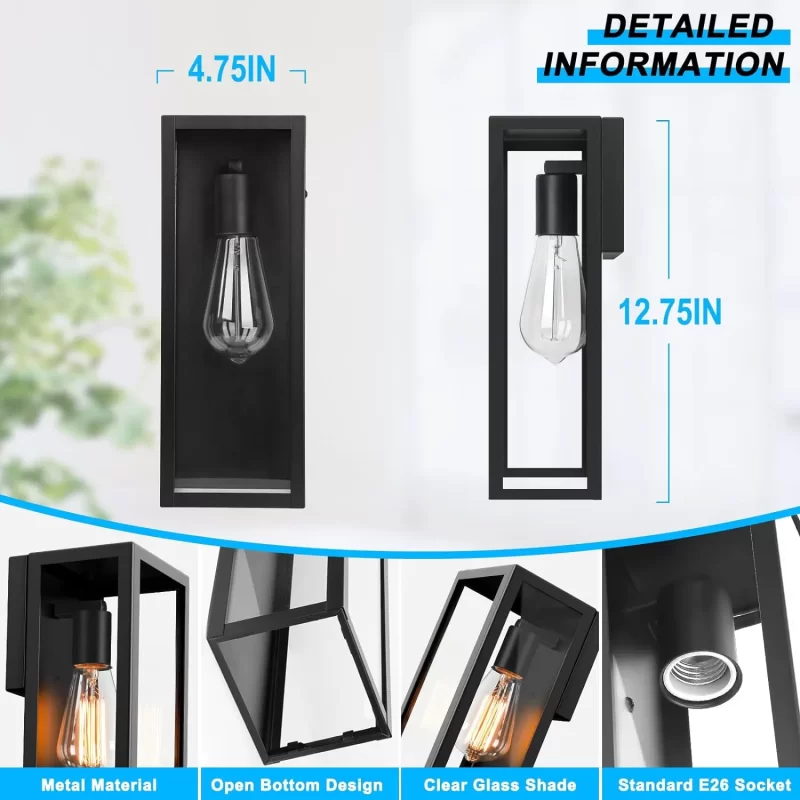 B04017P 2-Pack Outdoor Wall Lanterns, Exterior Waterproof Wall Sconce with Glass Shades, Matte Black Porch Lights Wall Mounted, Anti-Rust E26 Modern Wall Lighting Fixtures for Patio Garage Entryway Front Door - Image 3
