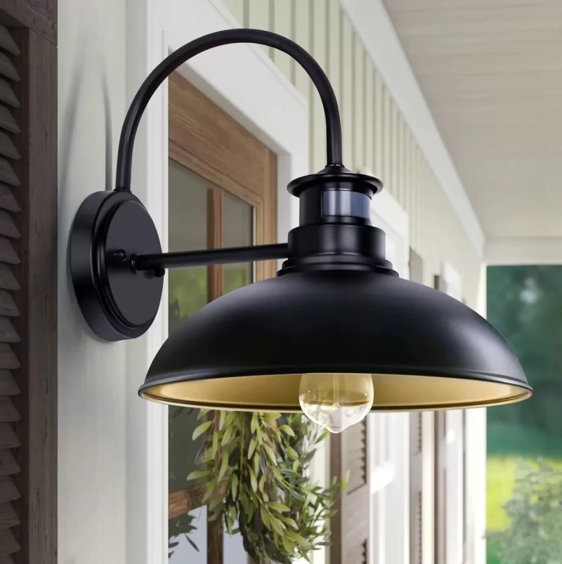 B12003PG Motion Sensor Outdoor Lights, 3 Lighting Modes Farmhouse Barn Light, 2pack 12.9in Black Dusk to Dawn Gooseneck Porch Light Fixture Wall Mount, Waterproof Exterior Wall Lights for House Outside Garage