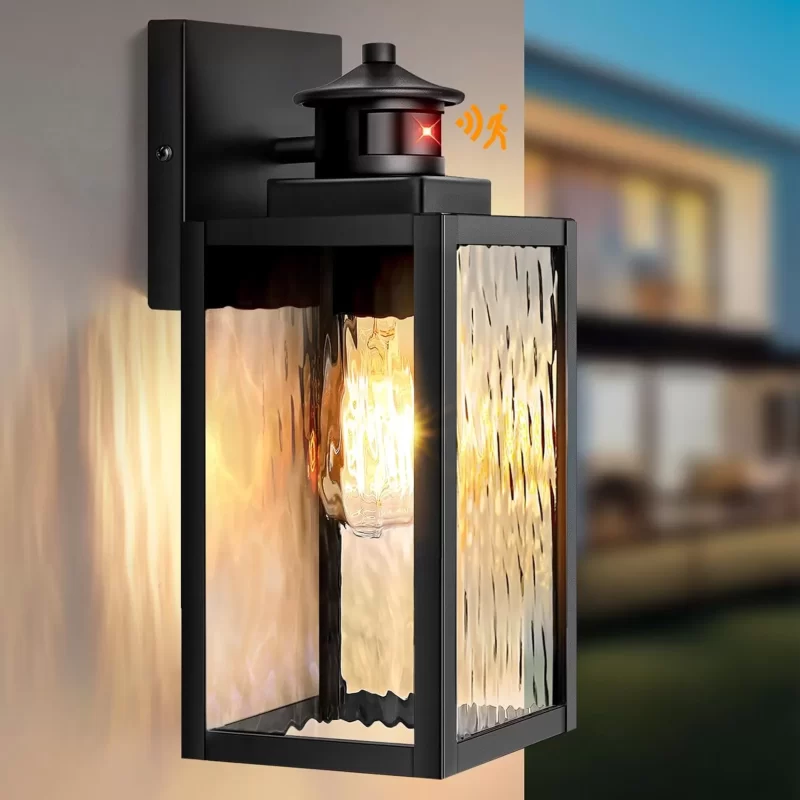 B05068PGC Motion Sensor Outdoor Lights Fixture, Dusk to Dawn Exterior Porch Light Wall Mount with Water-Rippled Glass, Black Modern Outside Wall Sconce Lanterns for House, Garage, Patio, Bulbs Not Included
