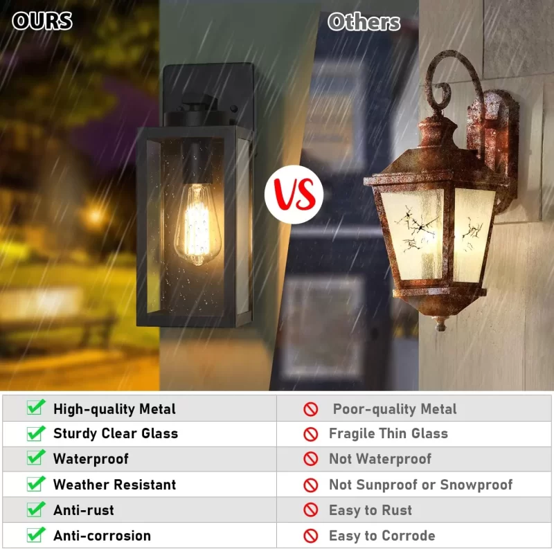 B04013P Outdoor Wall Light Fixtures, Exterior Waterproof Lanterns, Porch Sconces Wall Mounted Lighting with E26 Sockets & Glass Shades, Modern Matte Black Wall Lamps for Patio Front Door Entryway, 2-Pack - Image 2