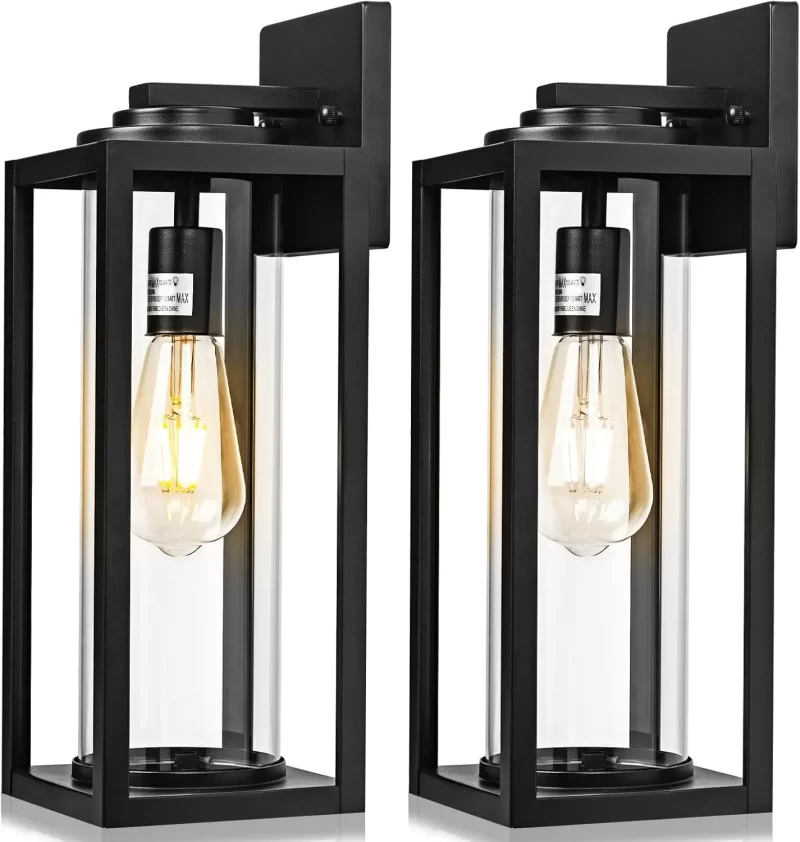 B05054P 16inch Large Outdoor Wall Lights - 2 Packs Modern Black Exterior Light Fixture with Clear Glass Shade, Waterproof Porch Lighting for House, Farmhouse Sconces Lantern for Front Door