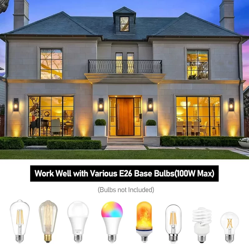 B04013P Outdoor Wall Light Fixtures, Exterior Waterproof Lanterns, Porch Sconces Wall Mounted Lighting with E26 Sockets & Glass Shades, Modern Matte Black Wall Lamps for Patio Front Door Entryway, 2-Pack - Image 5