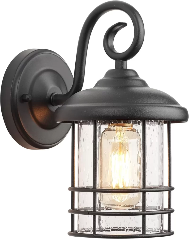 B05070P Textured Black Exterior Wall Sconce Lantern, 9.8 Inch Outdoor Wall Lighting with E26 Based Socket，Clear Seedy Round Outside Lights for House, Entryway, Home, Patio, Garage, Doorway