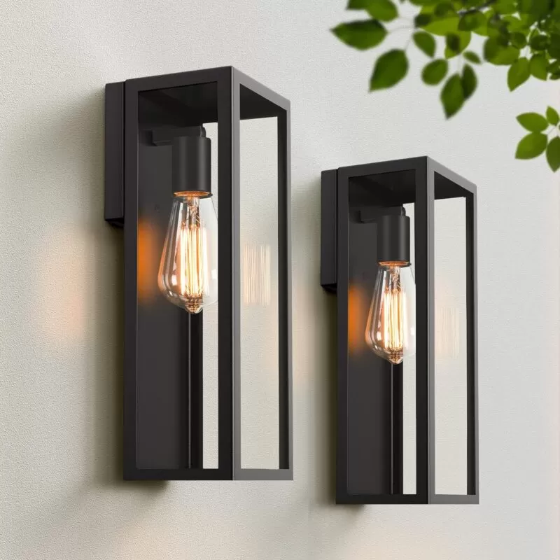 B04017P 2-Pack Outdoor Wall Lanterns, Exterior Waterproof Wall Sconce with Glass Shades, Matte Black Porch Lights Wall Mounted, Anti-Rust E26 Modern Wall Lighting Fixtures for Patio Garage Entryway Front Door