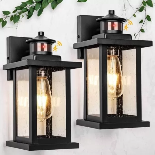 B06116BPG Motion Sensor Outdoor Lights Wall Mount, Dusk to Dawn Garage Exterior Light Fixture 2 Packs, Outdoor Wall Lighting with E26 Socket, Waterproof Unique Glass Shade, Exterior Lights for House, Porch