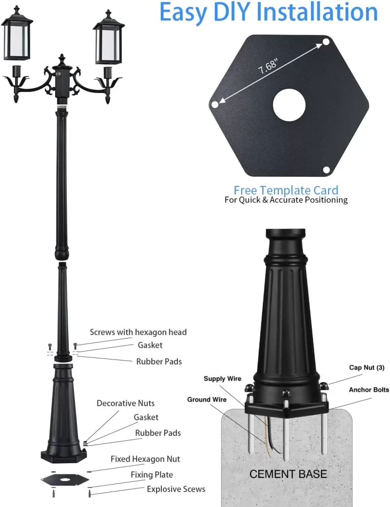 PL201A Z22001PP Dusk to Dawn Outdoor Lamp Post Light, Outdoor Post Light 2-Head Aluminum Street Light Post for Outside with Sensor, Waterproof Birdcage Pole Lighting Fixture for Backyard Garden Patio Driveway - Image 4