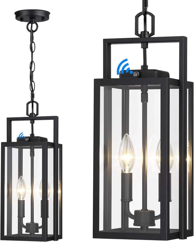 CL206A D06201PP Large Outdoor Pendant Light 2-Light, 17.75'' Dusk to Dawn Modern Black Metal Outside Chandelier Exterior Hanging Fixture Ceiling Mount with Clear Glass for Front Porch Entrance Entryway