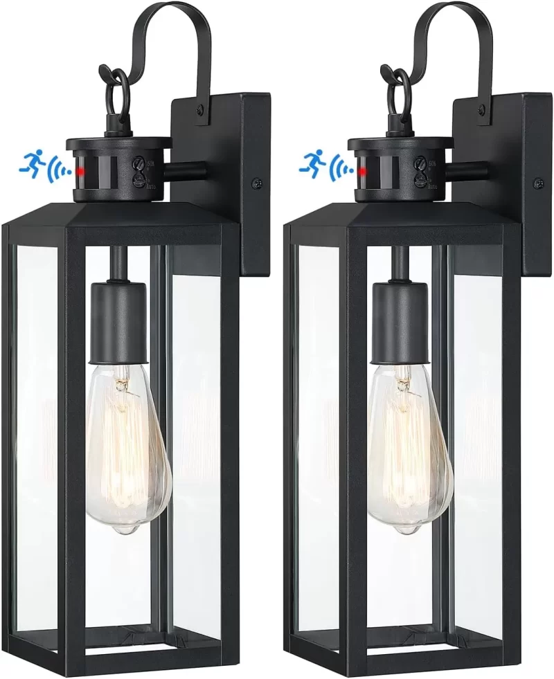 WL109B B04044PG -2PK 17'' Motion Sensor Outdoor Lights Wall Mount, Dusk to Dawn Exterior Light Fixture, Waterproof Anti-Rust Porch Light Outside Wall Lights for House, Black Wall Sconce Lanterns with Clear Glass