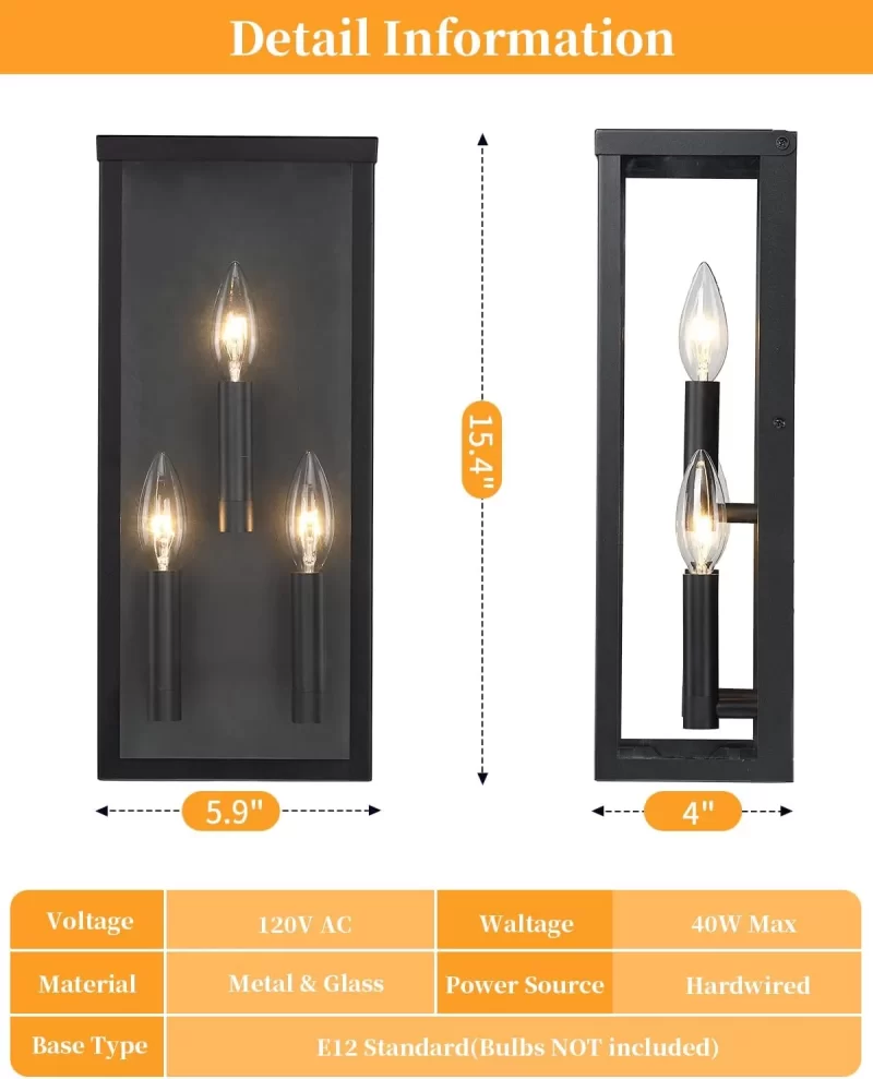 WL110A B06130P 15.4'' Outdoor Light Fixture 3-Light, Modern Outdoor Wall Lights Lantern Black Porch Light for House, Waterproof Exterior Lighting Fixtures Sconce with Clear Glass for Patio, Garage - Image 2