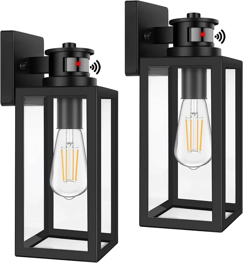 B05023CPG 2-Pack Motion Sensor Outdoor Wall Lantern, Dusk to Dawn Exterior Light Fixtures Wall Mount, White Outside Light for House, Waterproof Outside Lantern Sconces, Anti-Rust Porch Lighting with Clear Glass