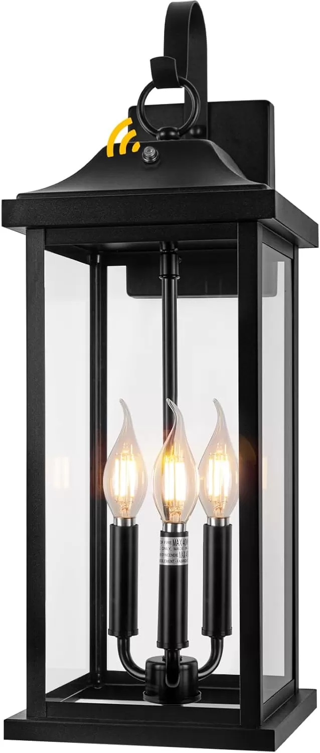 B08038PP 22.5” Dusk to Dawn Outdoor Lighting Extra Large 1 Pack, 3-Light Candelabra Front Porch Light with Photocell Sensor Outside Wall Sconce Modern Exterior Light Fixture Carriage Light, E12