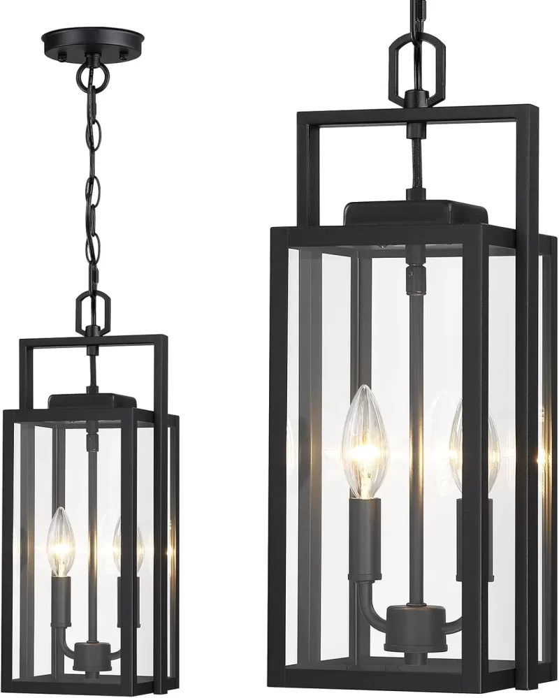 CL214A D06201P Large Outdoor Pendant Light 2-Light, 17.75'' Modern Black Metal Outside Chandelier Exterior Hanging Fixture Ceiling Mount with Clear Glass for Front Porch Entrance Entryway